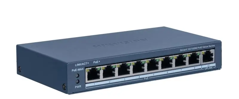  Switch monitoriable, 9 puertos PoE, 8 puertos 10/100 Mbps y 1 puerto 10/100/1000 Mbps de Uplink, PoE hasta 250 metros, PoE hasta 250 metros, marca Hikvision