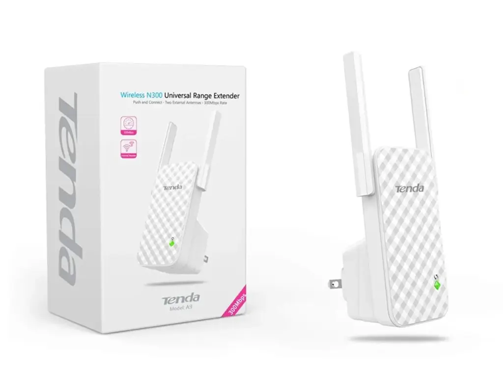 extensor de alcance universal N300 inalámbrico diseñado especialmente para ampliar la cobertura WiFi existente y mejorar la intensidad de la señal, marca Tenda