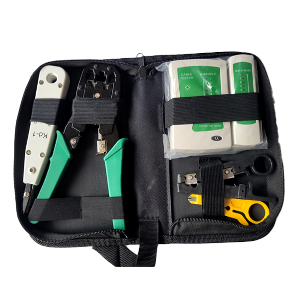 Kit de redes, incluye tester RJ45+RJ11, crimpadora, 2 pelador de cable, ponchadora