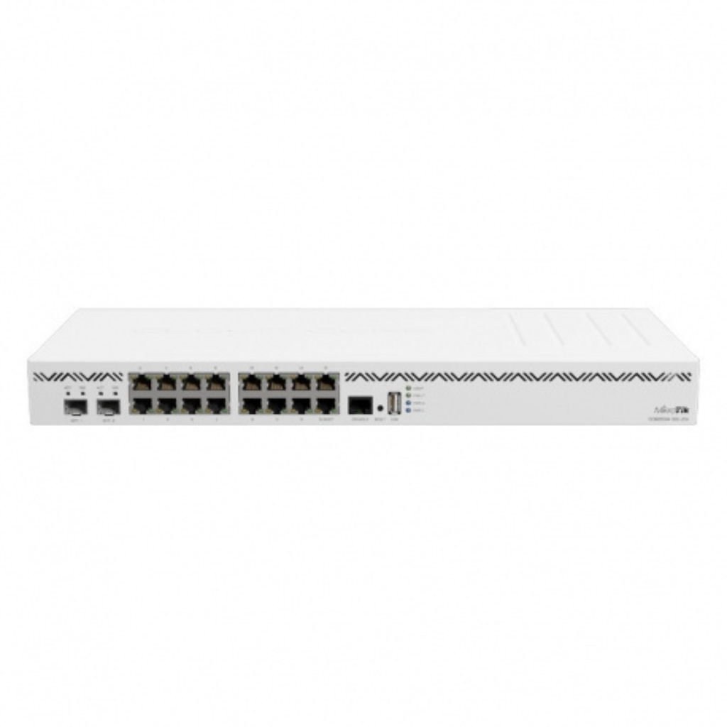 16 puertos Gigabit Ethernet, 2 jaulas SFP+ de 10G, marca Mikrotik