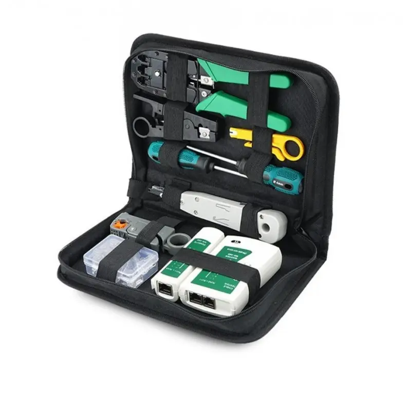 Kit para redes, contiene Tester, 3 peladoras para cable, desarmador plano y de cruz, ponchadora rj45 y rj11, ponchadora para dados. 