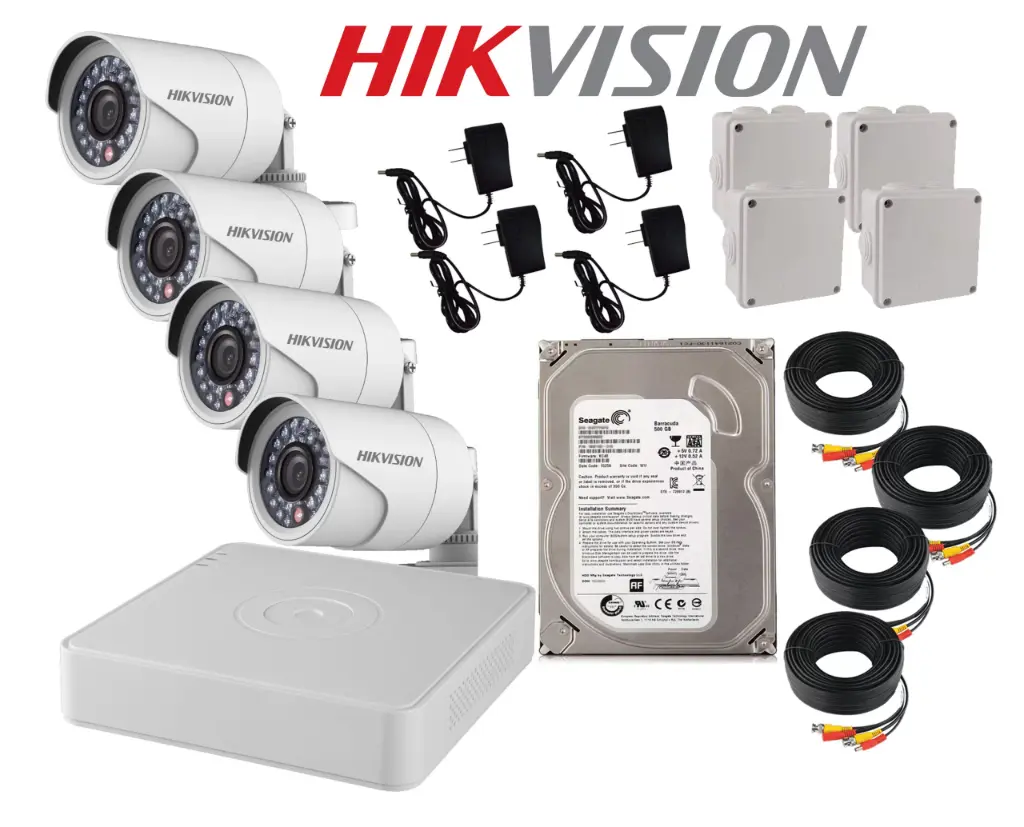 Combo de 4 cámaras Hikvision 1080, 4 video baluns rj45, 4 transformadores de 12V 1A, 1 disco duro de 1 TB,1 dvr de 4 canales, 4 cajas tibox
