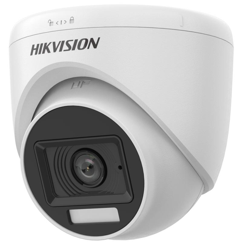 Cámara de torreta fija para interiores con luz híbrida 6 MPX - DUAL LIGHT, lente focal fija de 2,8 mm y 3,6 mm, Distancia IR de hasta 20 m para imágenes nocturnas, Un puerto para 4 señales conmutables (TVI/AHD/CVI/CVBS), marca Hikvision.