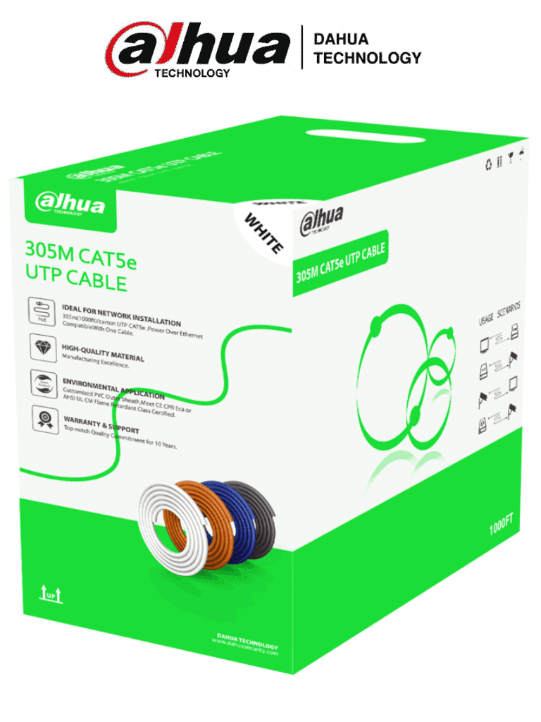 Bobina de cable UTP cat5e CCA marca Dahua, color blanco bobina de 305 mts
