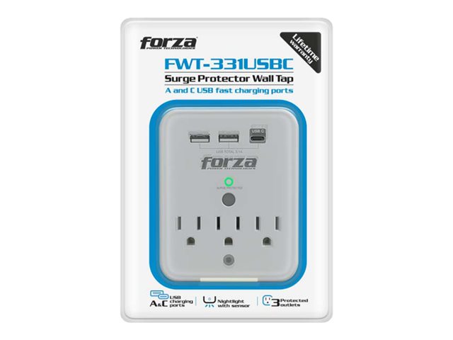 Forza FWT-331USBC - Protector contra sobretensiones (montaje en pared) - CA 125 V Forza 1875 vatios conectores de salida: 3 blanco
