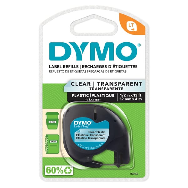 DYMO/ LetraTag Fondo transparente - Letra Negra, 1/2" x 4 metros / Para Dymo 100H plastica
