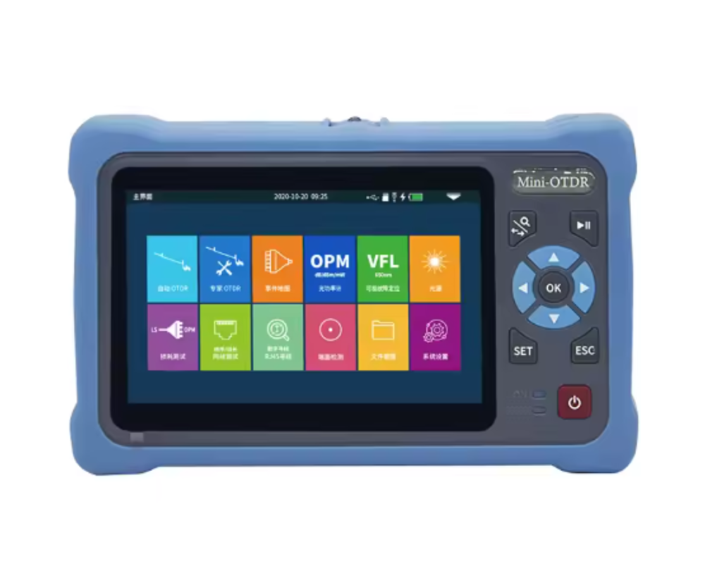 OTDR PRO, Touch Alcance de 100km, Frecuencias 1310/1550, Potencias 26/24dB, Con puertos de Provador remoto RJ45, VFL, OTDR/LS, OPM, Linterna 