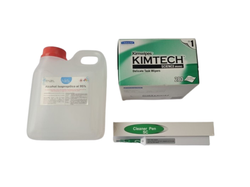 Kit de Limpieza Basico para fibra Optica: Litro de alcohol isopropilico, Caja de Toallas, Lapiz Limpia conectores 