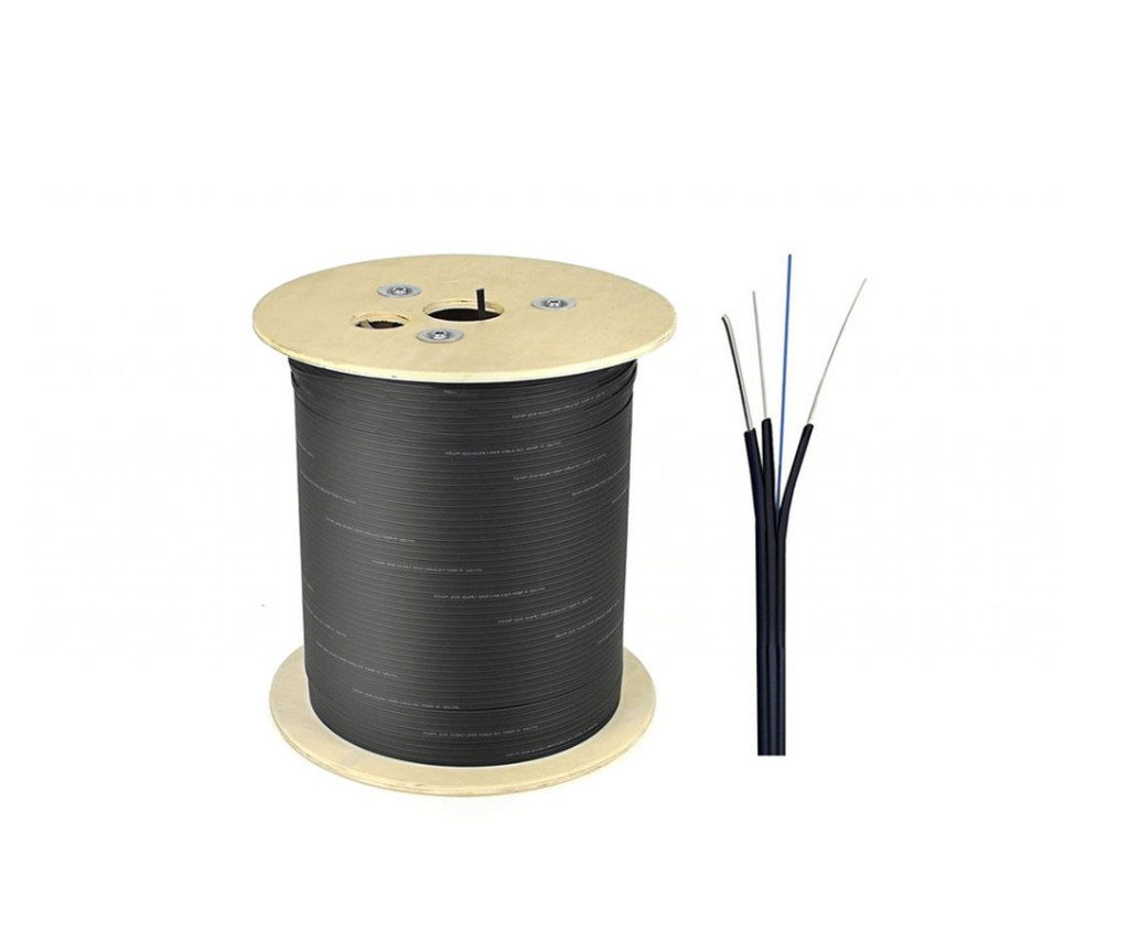 Bobina de Fibra Drop plana, 4 hilos 2km con guia de acero.