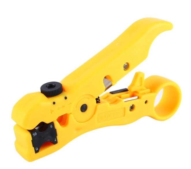 Peladora amarilla para cable RG6, RG7, RG11, y RG59, Tambien para cable UTP Trae 3 Cuhillas en la parte Inferior  