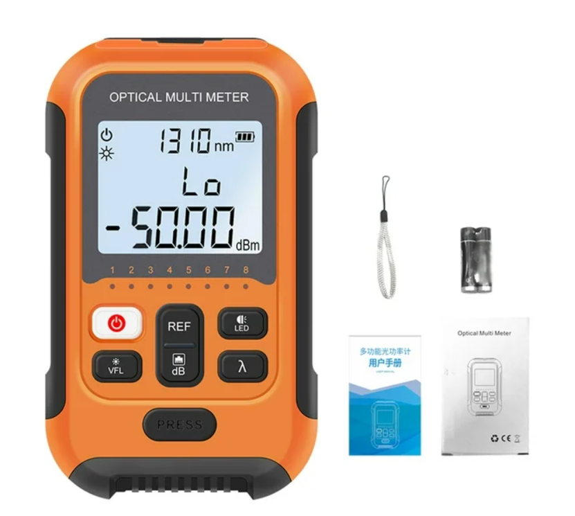 Power Meter Mini 3 en 1  Tester, Linterna Optica color naranja, Genérico modelo AUA-M70/50  Potencia -50+26Db 