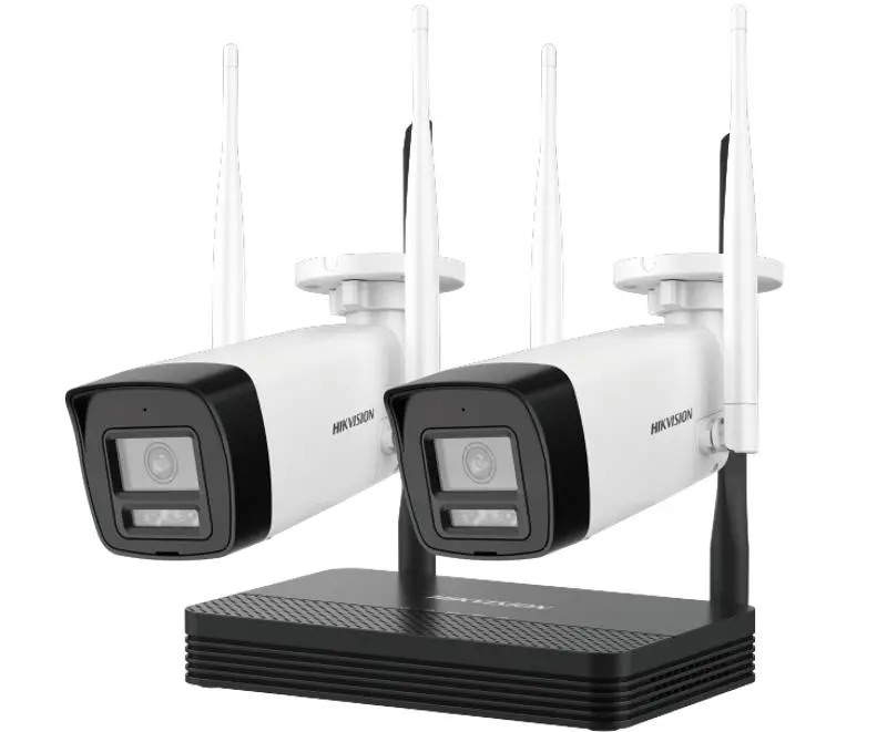 Kit de NVS Wifi de 2 balas y 4 MP H.265, instalación inalámbrica, almacenamiento en tarjeta Micro SD de hasta 512 GB, gestión remota, función de detección de movimiento, micrófono y altavoz integrados, 2 cámaras bala fijas con resolución de 4 MP y distancia focal de 2,8 mm, marca Hikvision.