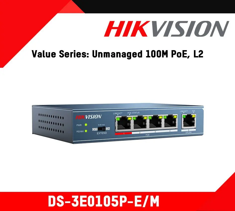 Switch Ethernet, 4 puertos PoE, 1 puerto de Uplink, 35 W de salida total, marca Hikvision