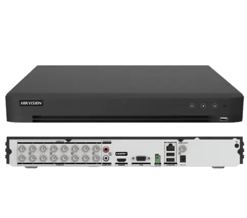 DVR Turbo 16 canales, 4 canales de reconocimiento facial, soporta resoluicion de hasta 3K / 5MPX, 5 hibrido, soporta 2 HDD de hasta 12TB (no incluido). Marca Hikvision