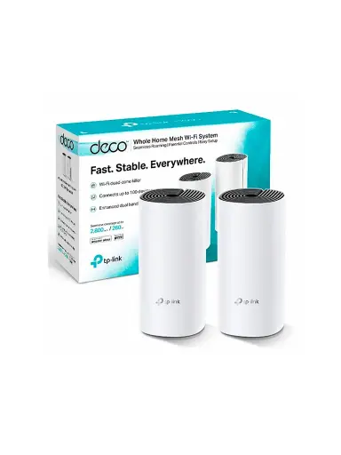 [DECO-E4 (2PACK)] Kit de router inalámbrico mesh Deco E4 para hogar de doble banda AC 1200 con 2 puertos 10/100 Mbps y compatible con Alexa. (2 piezas) Marca TP-LINK
