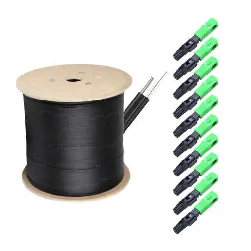 [FO-CMB-DROP+CON] Combo de Bobina de Fibra Drop plana, 1 hilo 1km + Conector Rápido, SC/APC Tipo Bota. 