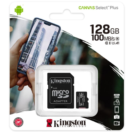 [SDCS2/128GB] Kingston Canvas Select Plus - Tarjeta de memoria flash (adaptador microSDXC a SD Incluido) - 128 GB, A1 / Video Class V10 / UHS Class 1 / Class10 microSDXC UHS-I