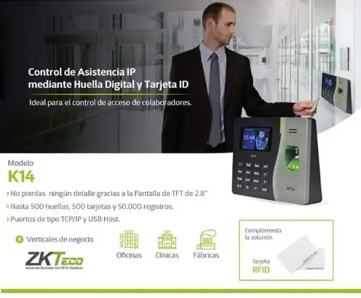 [K14] K14 Biométrico Terminal IP de Huella para Control de Asistencia, 500 huellas, 50000 eventos Modelo K14 Marca K14