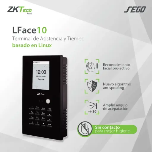 [LFACE10] Biometrico de Tiempo y Asistencia Basado en Linux con Reconocimiento Facial Visible Light Modelo LFACE10 Marca ZKTeco