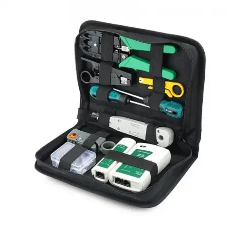 [KIT-TOOL-B] Kit para redes, contiene Tester, 3 peladoras para cable, desarmador plano y de cruz, ponchadora rj45 y rj11, ponchadora para dados. 