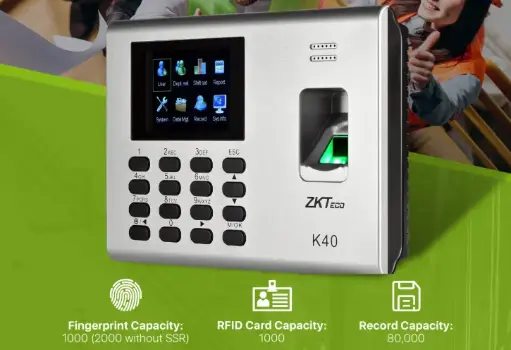 [K40/ID] Biometrico de acceso y asistencia simple1000 Huellas, / TCPIP / (Descarga de USB en hoja de Calculo, 2 horas de respaldo Modelo K40/ID Marca ZKTeco